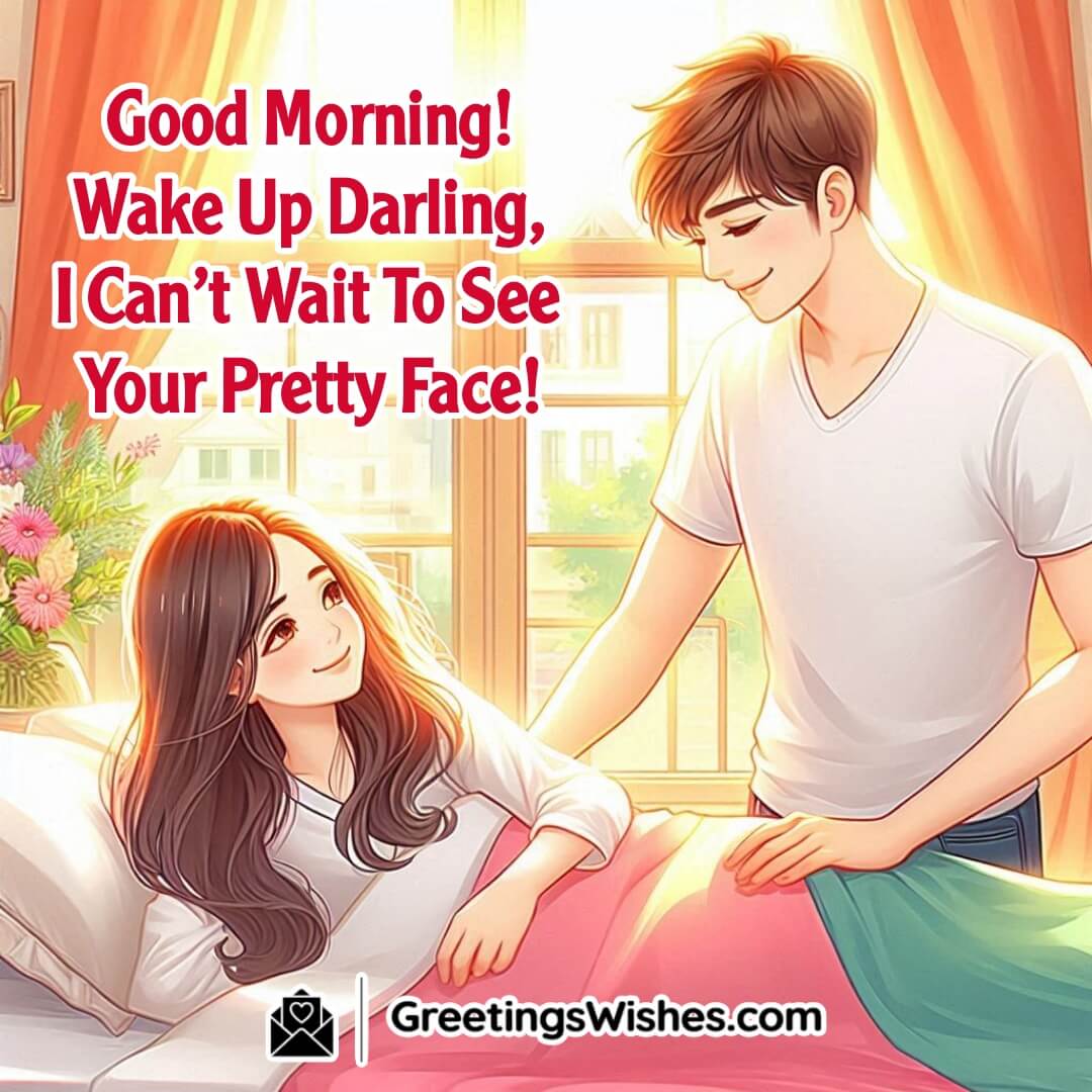 A cheerful couple in a cozy bedroom, the woman waking up to sunlight, while the man lovingly looks at her.