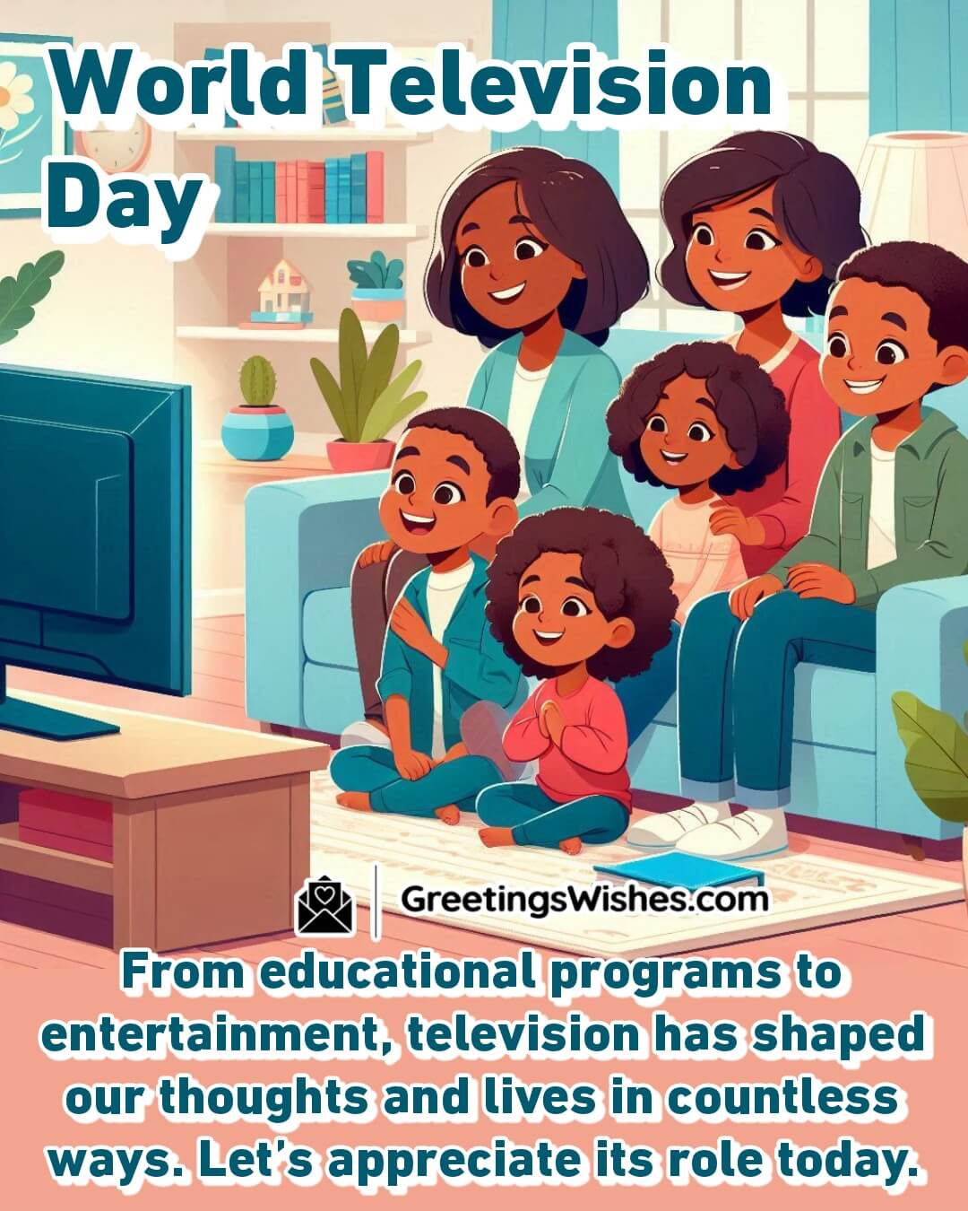 A family watching an educational television program together in a cozy living room, appreciating the role of TV in shaping lives.