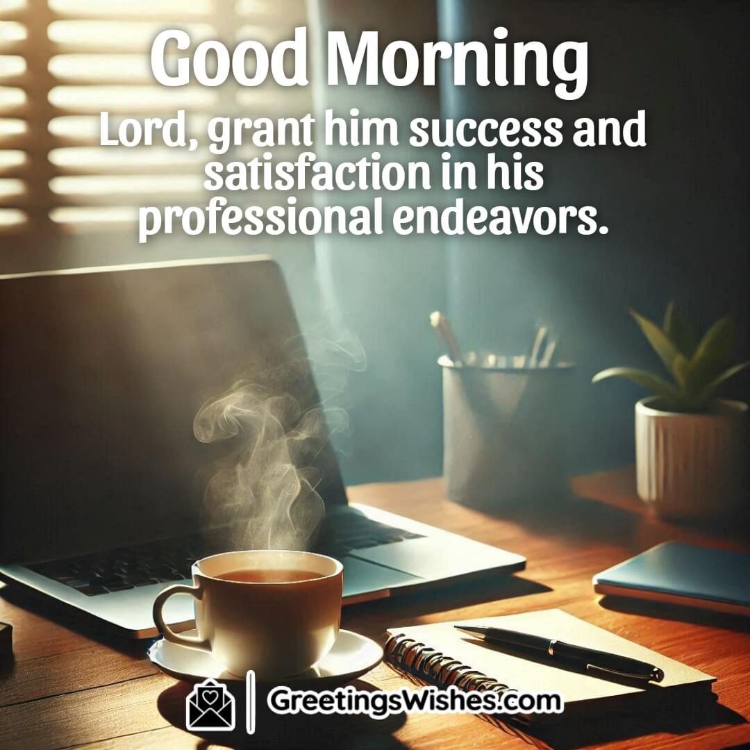 A laptop and coffee cup on a desk with morning light, symbolizing success and productivity for a good morning message.