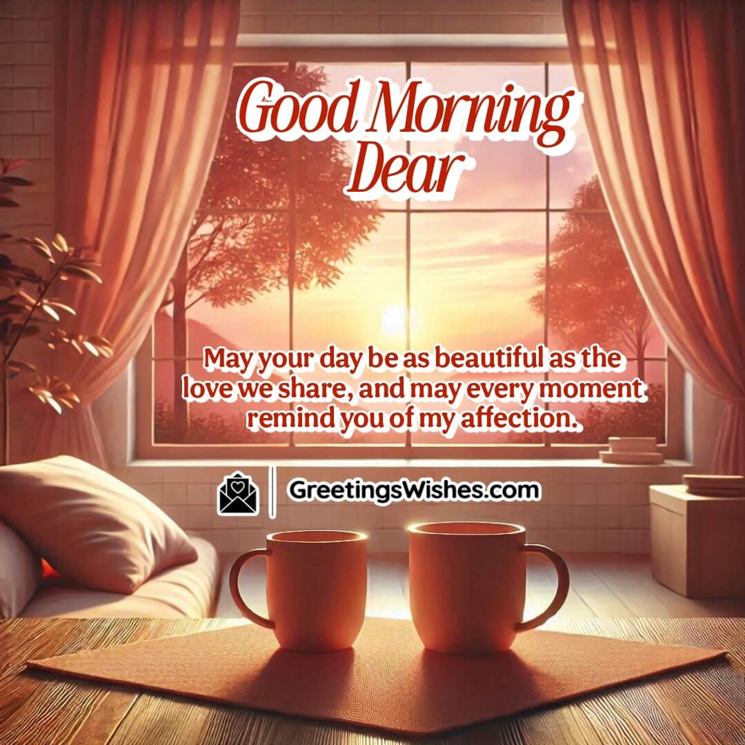 A romantic sunrise with two coffee mugs near a window, symbolizing love and connection for a good morning message.