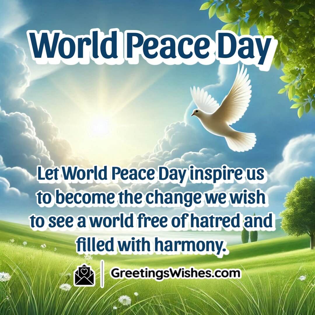 A serene meadow with a rising sun and a dove flying in the sky, symbolizing peace and harmony on World Peace Day.