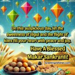 Colourful kites flying in the blue sky and a plate of tilgul sweets symbolising peace, joy, and Makar Sankranti blessings.