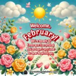 A bright February scene with blooming flowers and clear space for a welcoming message.