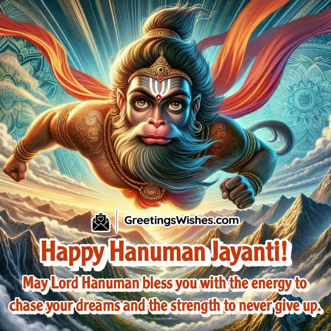 Hanuman Jayanti image of Lord Hanuman leaping across mountains with determination, symbolizing courage, energy, and success.